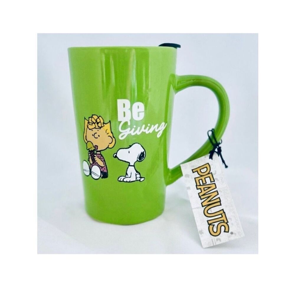 NWT Peanuts Snoopy Green Stoneware Inspirational Be Giving Tall Travel Mug w Lid